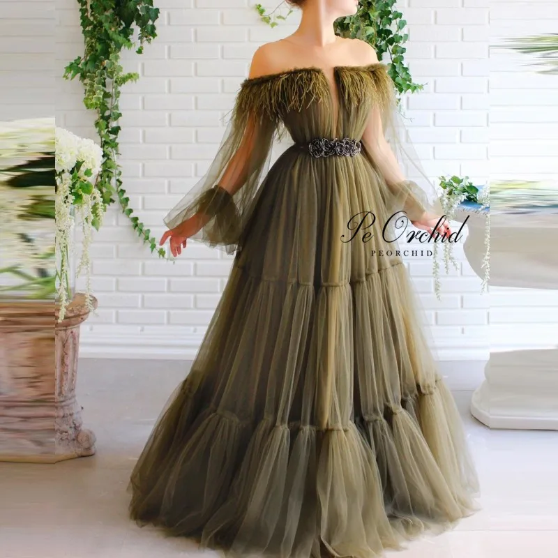 

Винтажное платье для выпускного вечера оливкового и зеленого цвета с длинными рукавами и открытыми плечами, 2020