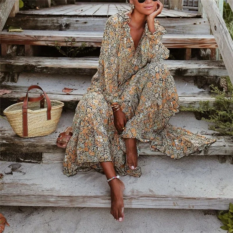 

Plus Size 2019 Women Autumn Dresses Casual Sexy Bohemian Loose Print Long Sleeve Maxi Dress