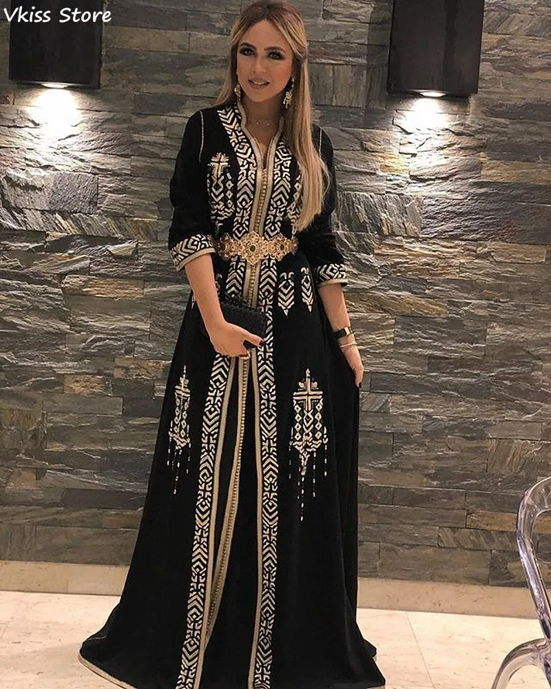 

Vkiss Black Evening Dress Muslim Prom Dress A-line Satin Half Sleeves Applique V-neck Bealt Formal Party вечернее платье