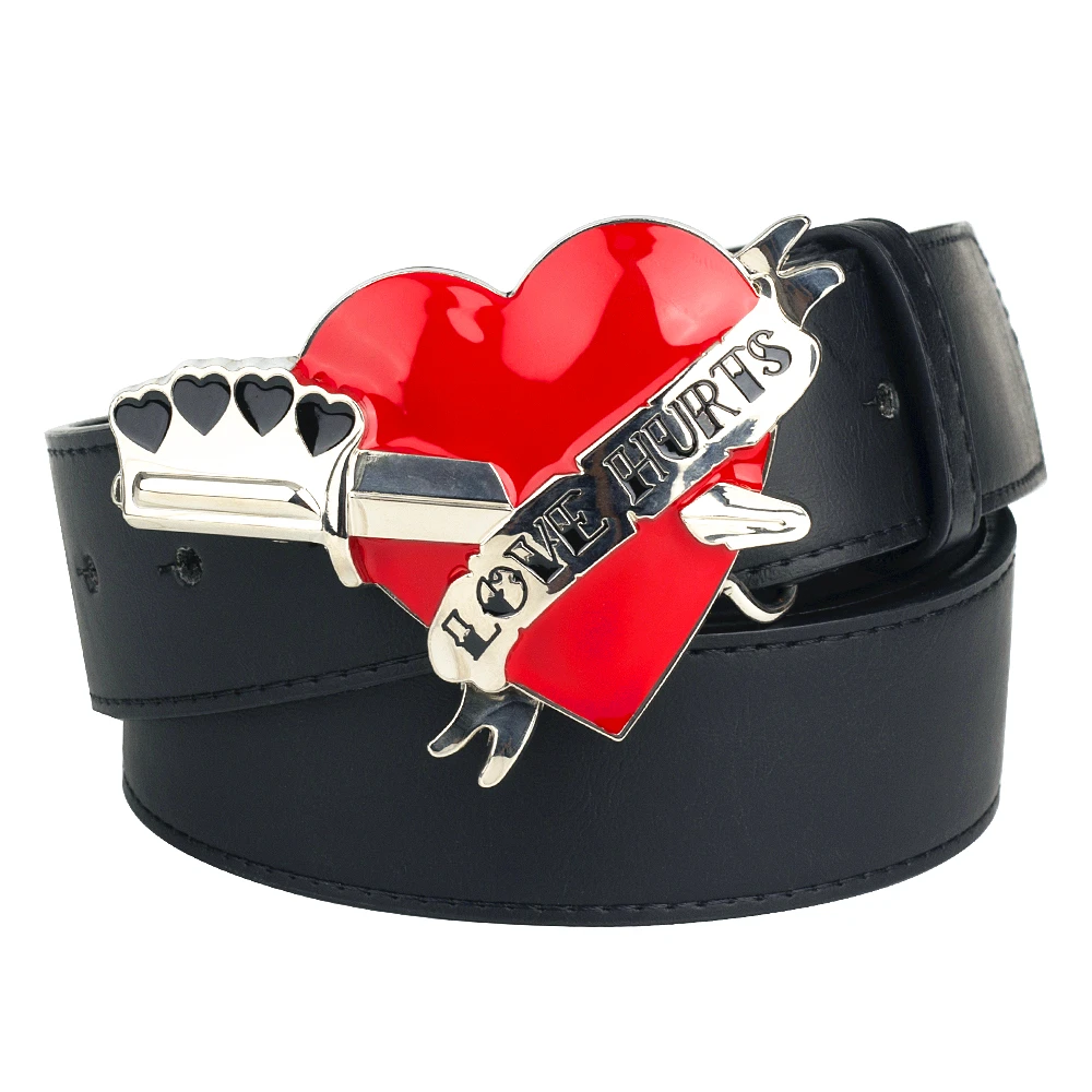 

Novelty Belt Red Heart Buckle Decorative Waistband Love Hurts Letter Leather Belts For Women & Man Gift