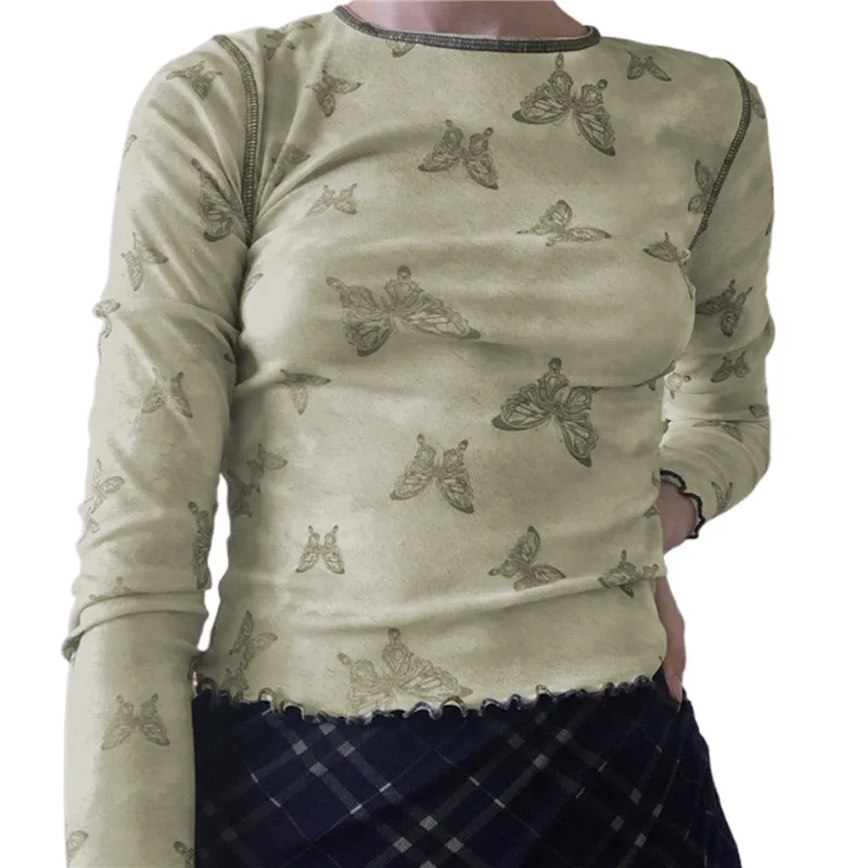 

Women Round Neck Long Sleeve Butterfly Print T-shirt Color Block Lettuce Trim Pullover Autumn 90s Y2k Slim Tee Top