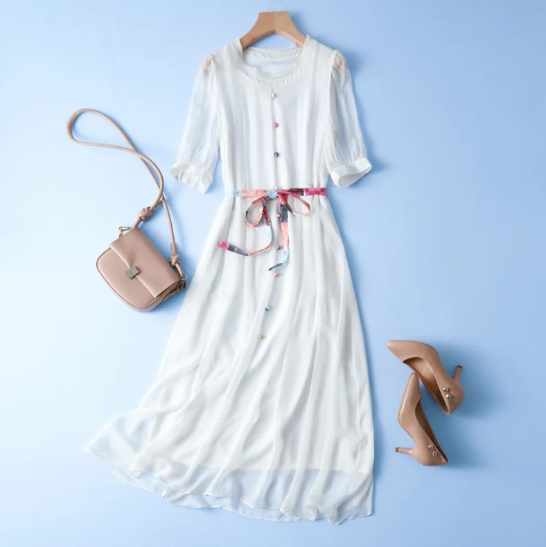

100% Real Nature Silk Simple High-Grade Woman Dress Long Elegant Seaside Holiday Beach Wedding Party White Skirt