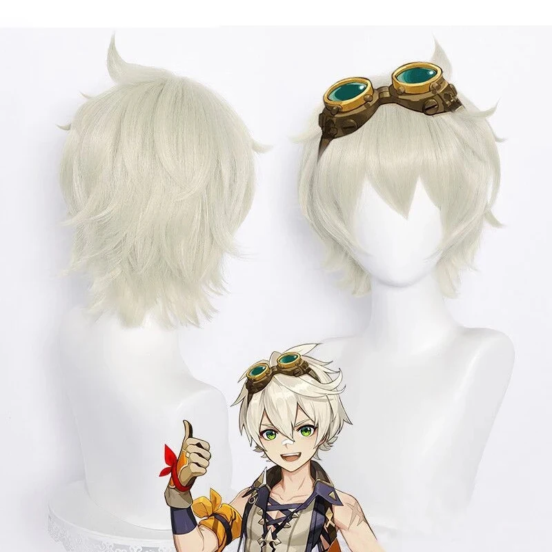 High Quality Genshin Impact Bennett Cosplay Wig Short Gold Grey Heat Resistant Synthetic Hair Anime Cosplay Wigs + Wig Cap
