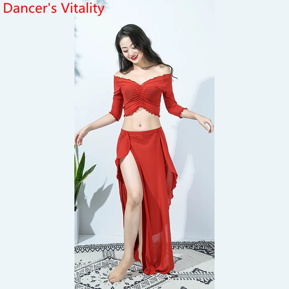 

Hot Sales Women Team Top Sexy Split Skirt 2 Piece Belly Dance Set Oriental Indian Dancer Performance Show Clothing Stage Wear