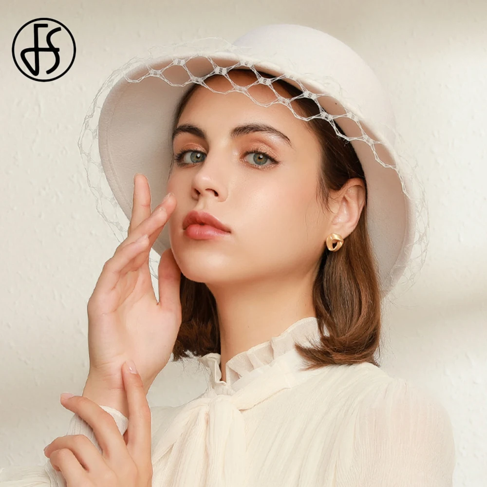 

Женская фетровая шляпка FS, шляпка-«Колокол» с большими полями, для церкви и торжественных случаев, белого и черного цвета, 2019