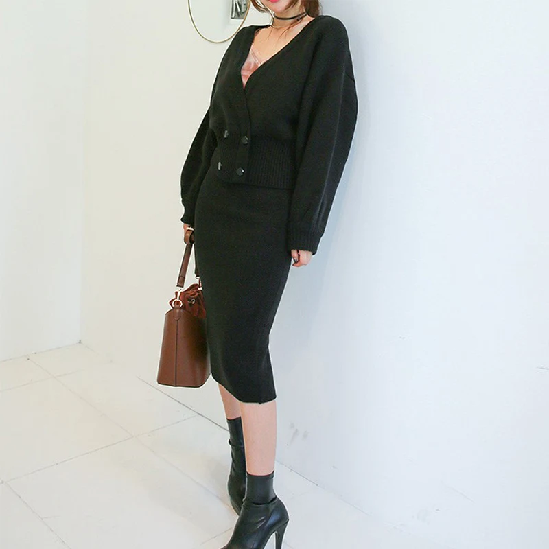 Корейский вязаный комплект одежды из 2 предметов для женщин зимние с буфами на