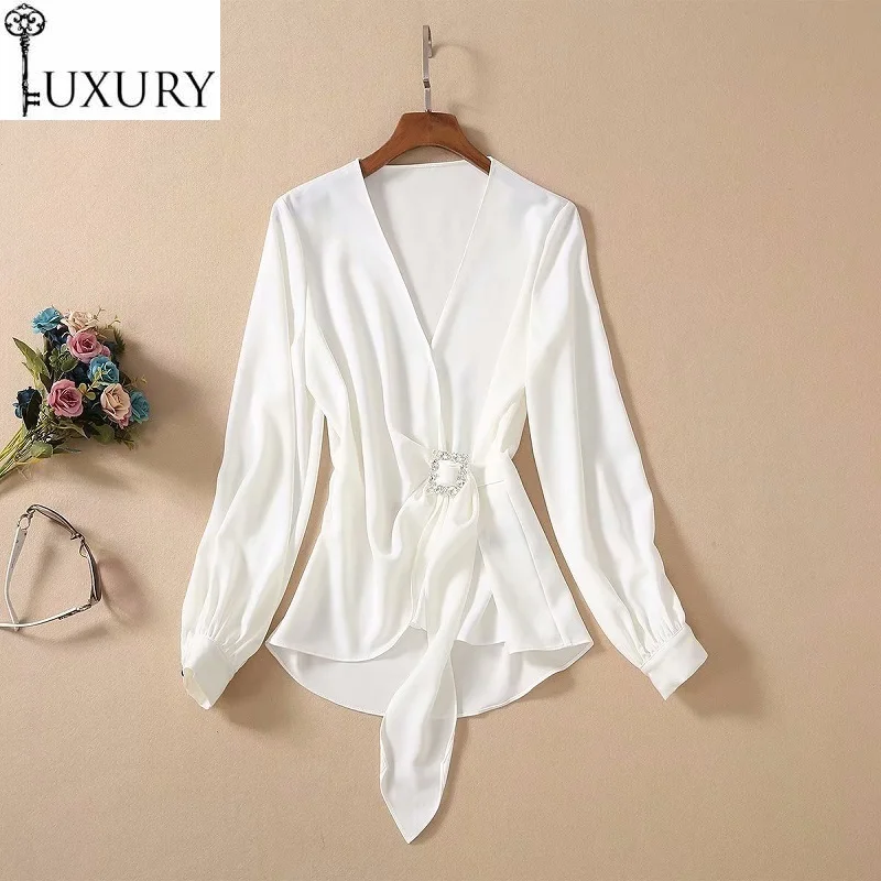 2020 Blouse Elegant Work Spring Summer Office Shirts Ladies Sexy V-Neck Crystal Beading Deco Long Sleeve White Black Shirt Femme
