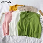 Осенний пуловер без рукавов свитер 2020 Женский Повседневный свободный милый укороченный Топ женский однотонный вязаный свитер с v-образным вырезом