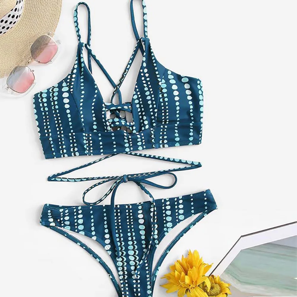 

New Women's Bra Suit Bikini Women's Swimsuit Popular Wave Point Double Shoulder Band Split Cut Out Women's Beach Bikini Swimsuit