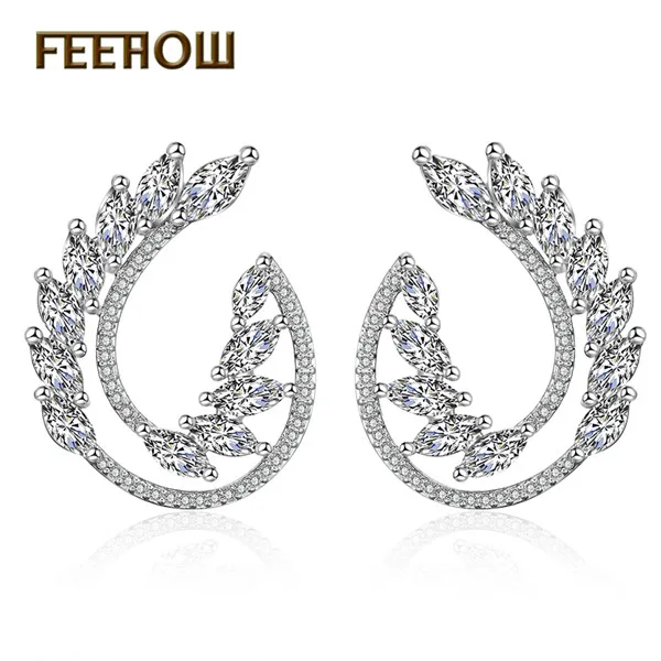 White FEEHOW, модные серьги-гвоздики с белым кубическим цирконием и камнем в виде листьев для женщин, свадебные ювелирные изделия, заводская цена, FWEP455 - Окраска металла: White