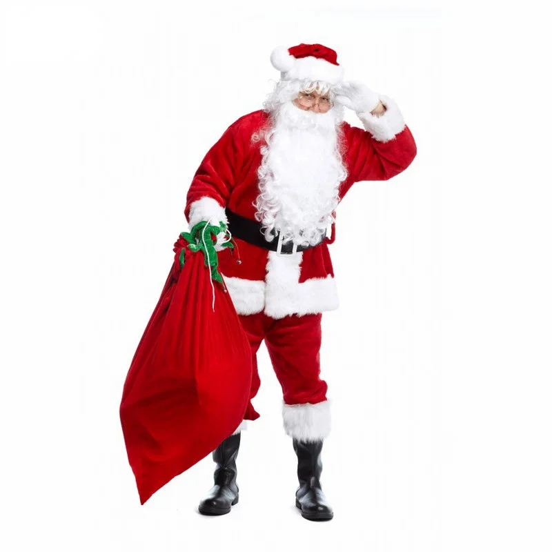 Santa Claus Costume Suit Plush Father Fancy Clothes Xmas Cosplay Props Men Coat Pants Beard Belt Hat Christmas Set | Тематическая