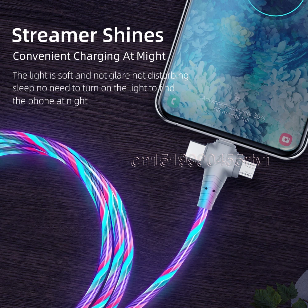 3in1 Flow Luminous Lighting USB Cable for iPhone 14 13 12 Pro 3 in 1 2in1 LED Micro USB Type C 8-Pin Charger for Huawei Xiaomi