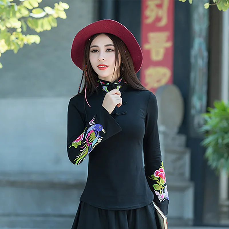 Женская Винтажная футболка с китайской вышивкой летний топ женская женский