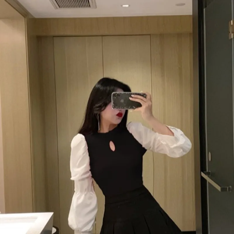 

knitted sweet Korean style hollow out tops puff sleeve women blouses autumn womens clothing shirts fashion brand Hipster blusa