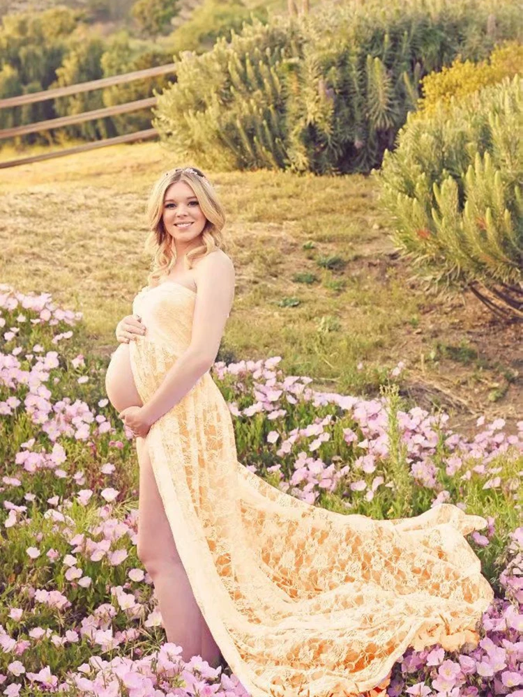

Summer NEW Women Front Split Long Maternity Black&White Lace Dress Pregnant Lace Dress Gown Photography Prop See Through Dress