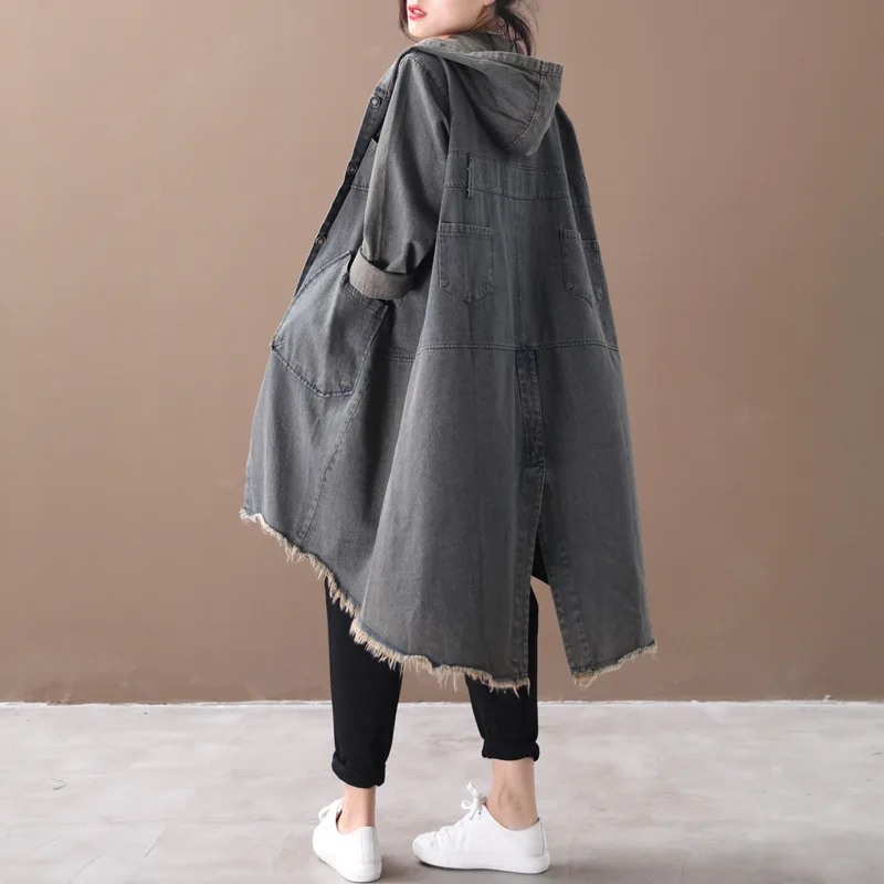 Женский Тренч Осень Зима Большой размер Свободная джинсовая куртка 2019 Новый