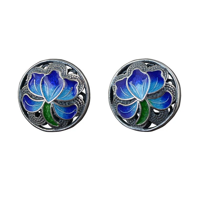 

New 925 Real Sterling Silver Cloisonne Peony Flower Earrings Blue Peony Flower Stood Earrings Special Design Fashion Jewelry
