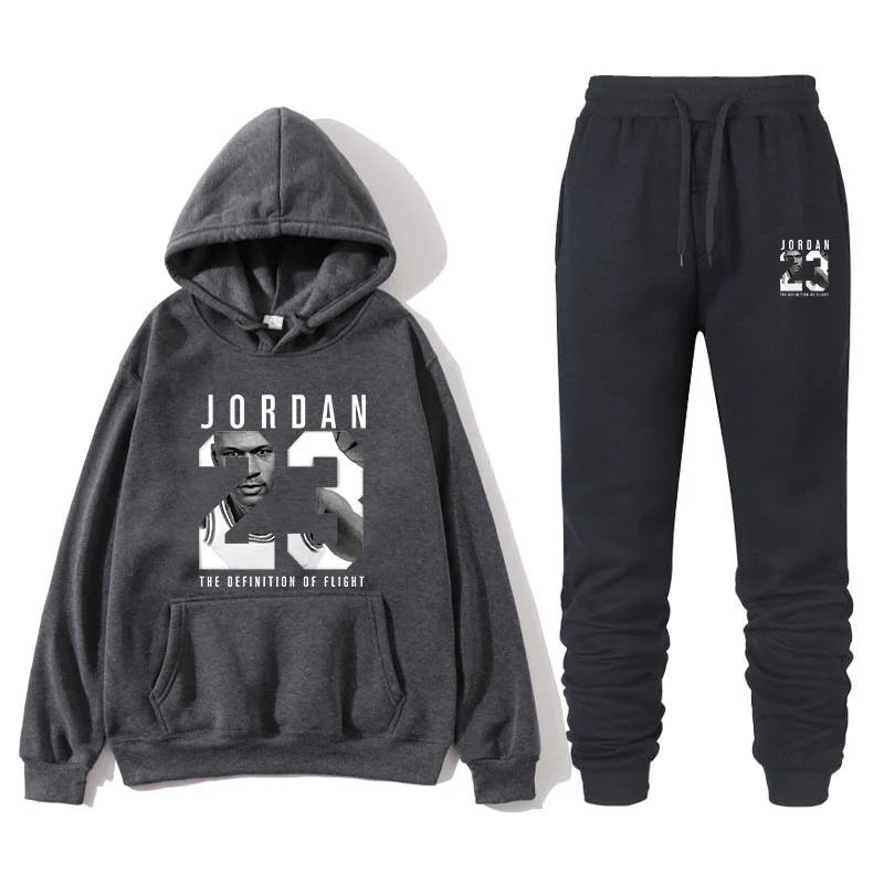 New men's sweater suit 23 sportswear sweater suit fleece hoodie+ sports pants jogging men's and women's sweater 3XL sportswear - Color: Dark gray