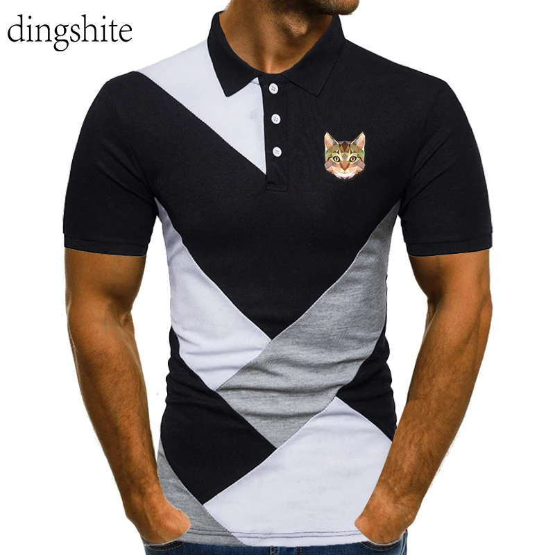 

Dingshite Spring Summer Fashion New Spell Color Polo Shirt for Men , Creativity Crystallization Cat Head Pattern Slim Fit Tops .