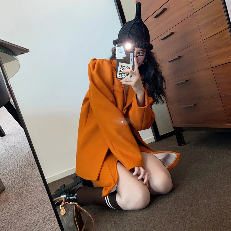 Kaufen Frauen Zwei Stück Sets Retro Orange Puff Hülse Woolen Mantel Unregelmäßigen Rock Set Mode Zwei Stück Set Top Und Rock 2020 Kleidung