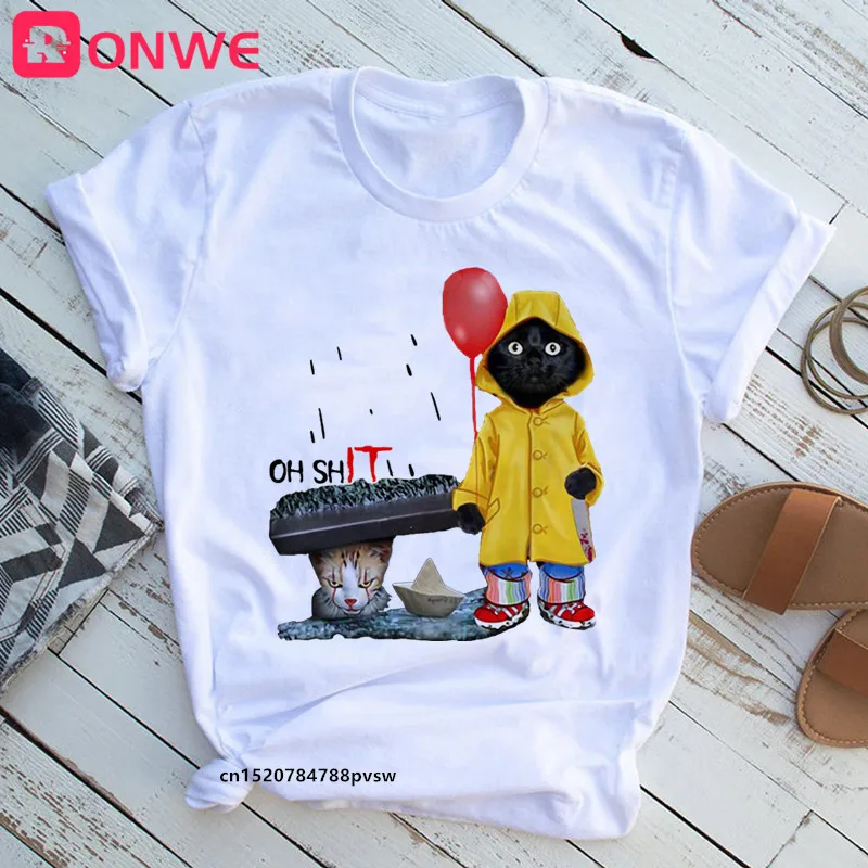 Women Funny Black Cat Print Tshirt Girl Harajuku Casual White Top Tees Female 90s Clothes Drop Shipping | Женская одежда