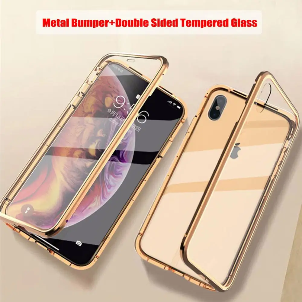 Магнитный металлический чехол из стекла для iPhone XS MAX XR X 7 8 Plus 11 двухсторонний Магнитный защитный чехол из закаленного стекла для samsung
