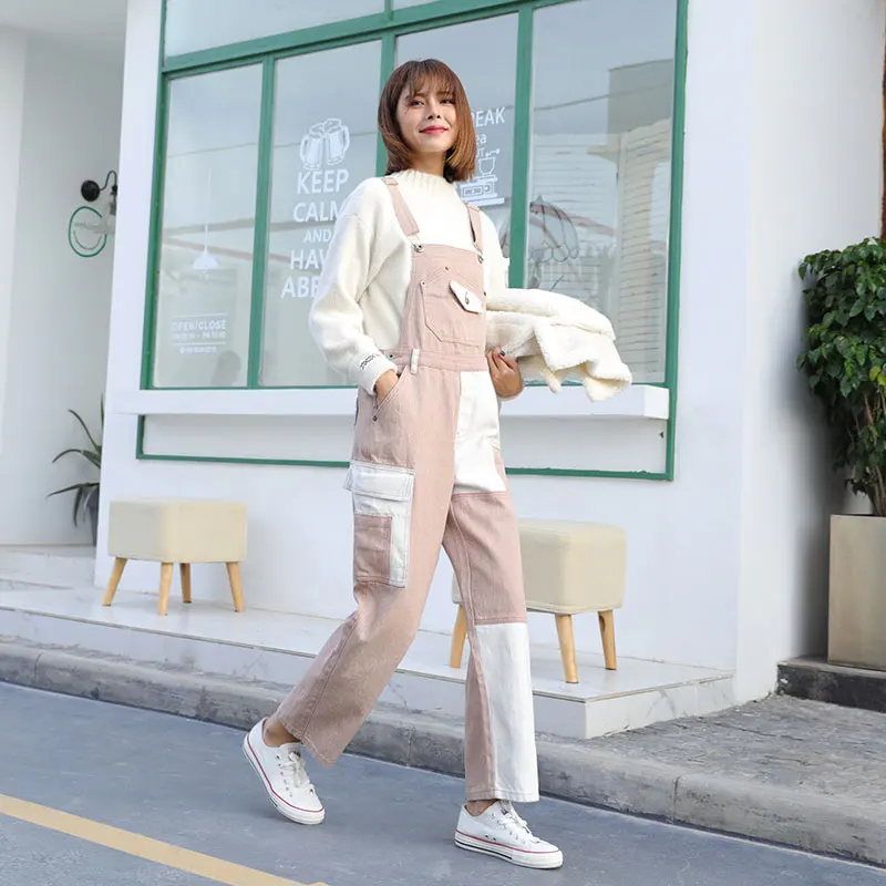 

Женский комбинезон с мозаикой, Свободный комбинезон контрастных цветов с высокой талией и большими карманами, Осень-зима