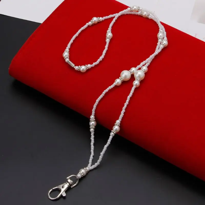 

White Pearls Bead ID Badge Holder Lanyard Necklace with Magnetic Breakaway Clasp