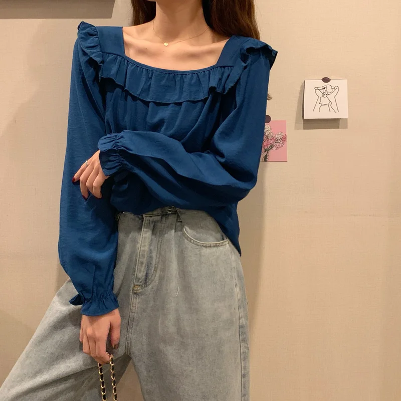 

Ruffles Solid Blouse Women Square Collar Butterfly Sleeve Korean Fashion Clothing Casual Office Female Shirt New Autumn 2020