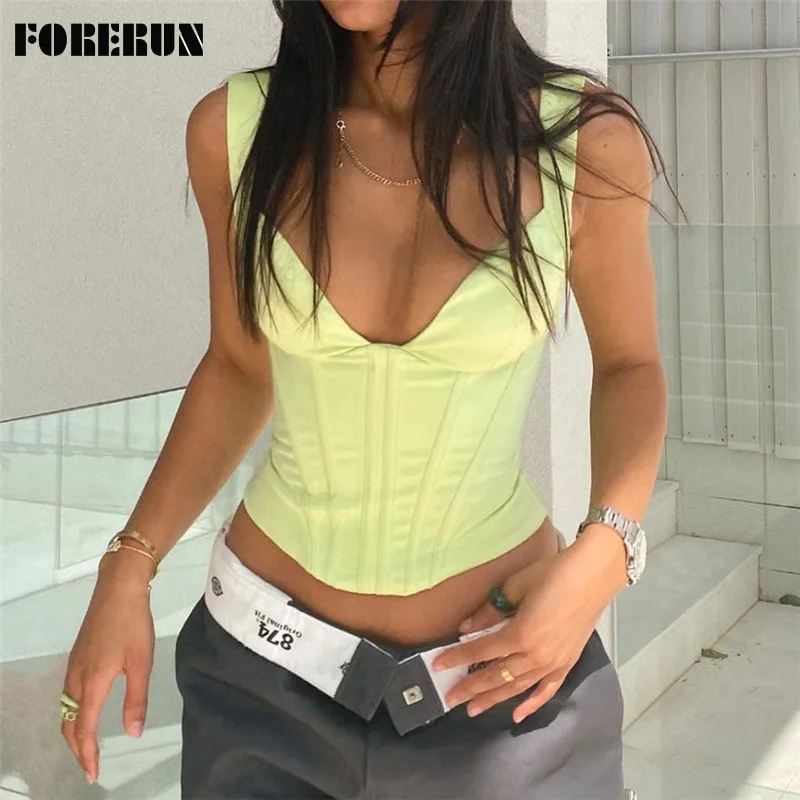 

FORERUN Satin Crop Top Women Bralette Corset Top Slim Sleeveless Fashion Streetwear Y2k Tanks Camiseta Tirantes Mujer