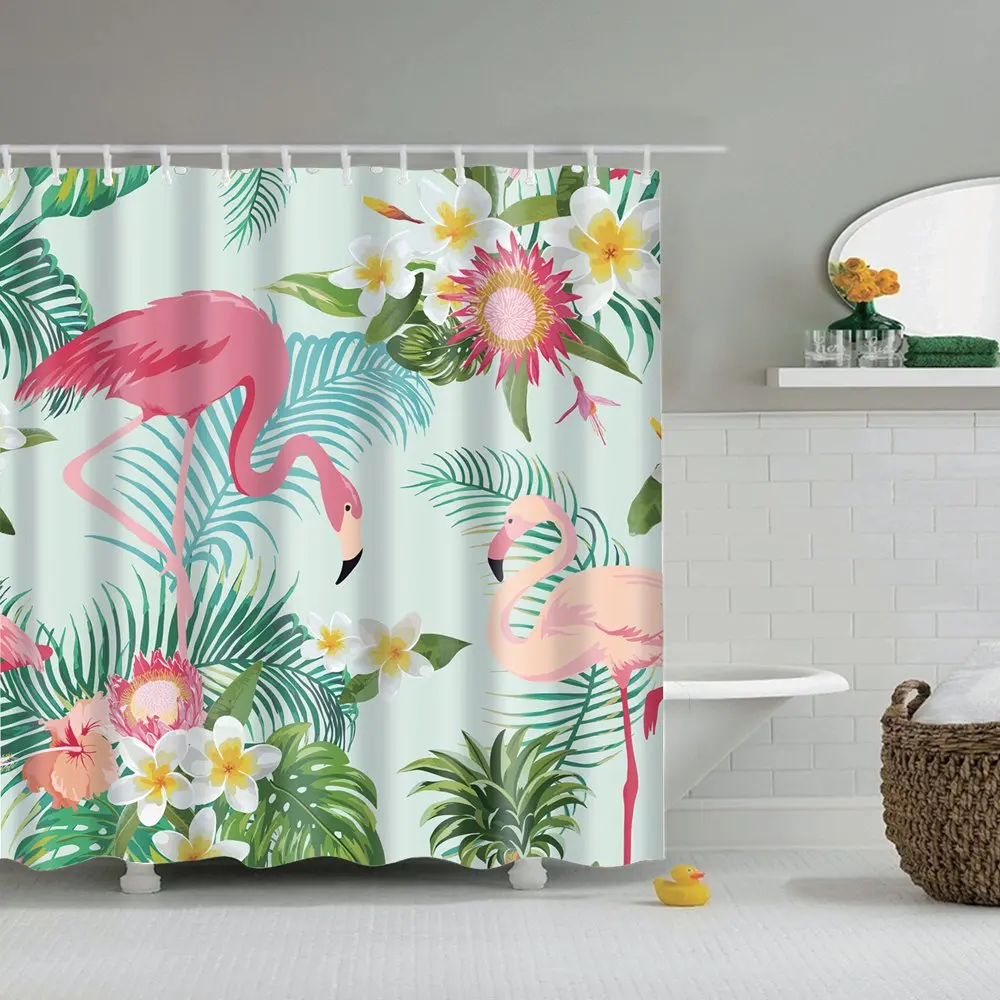 Розовая занавеска для душа с Фламинго Dafield тропические цветы и фламинго