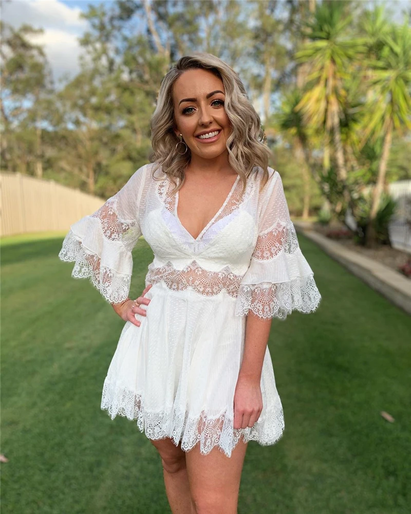

COLOREE 2019 Women Blue/White Lace Mini Dress Sexy V-neck See-through Half Sleeve Sexy Dress For Female New Fashion Club Party
