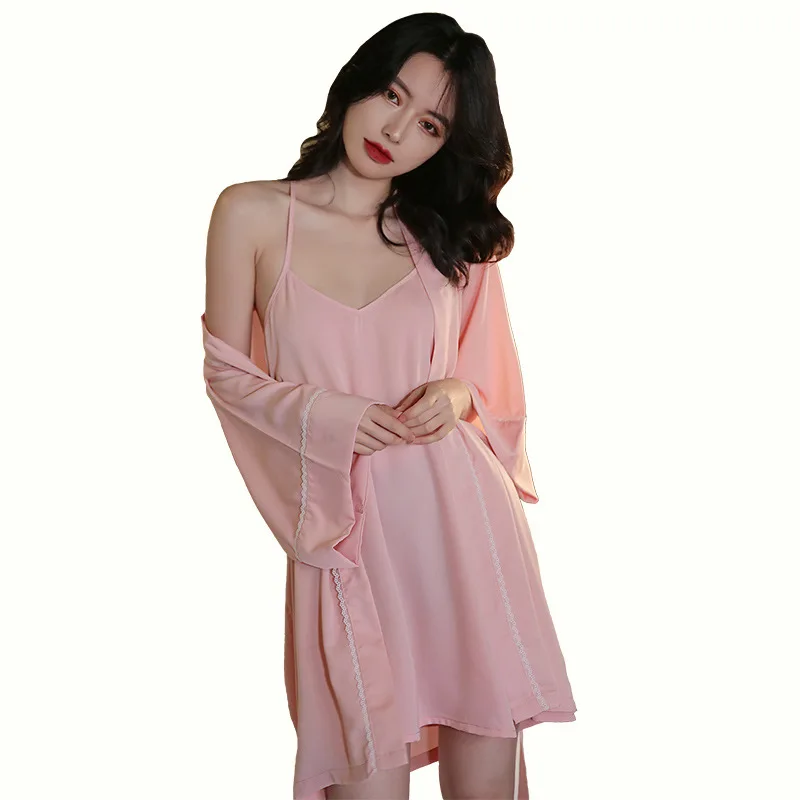 

Twinset Robe Set Women Satin Sexy Kimono Bath Gown Loose Casual Sleepwear With Belt V-neck 2PCS Wedding Bathrobe&Nightgown Suits