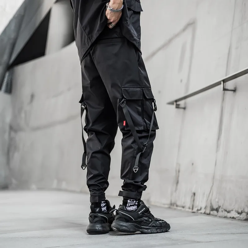 

Men Ribbons Color Block Black Pocket Cargo Pants 2021 Harem Joggers Harajuku Sweatpant Hip Hop Trousers