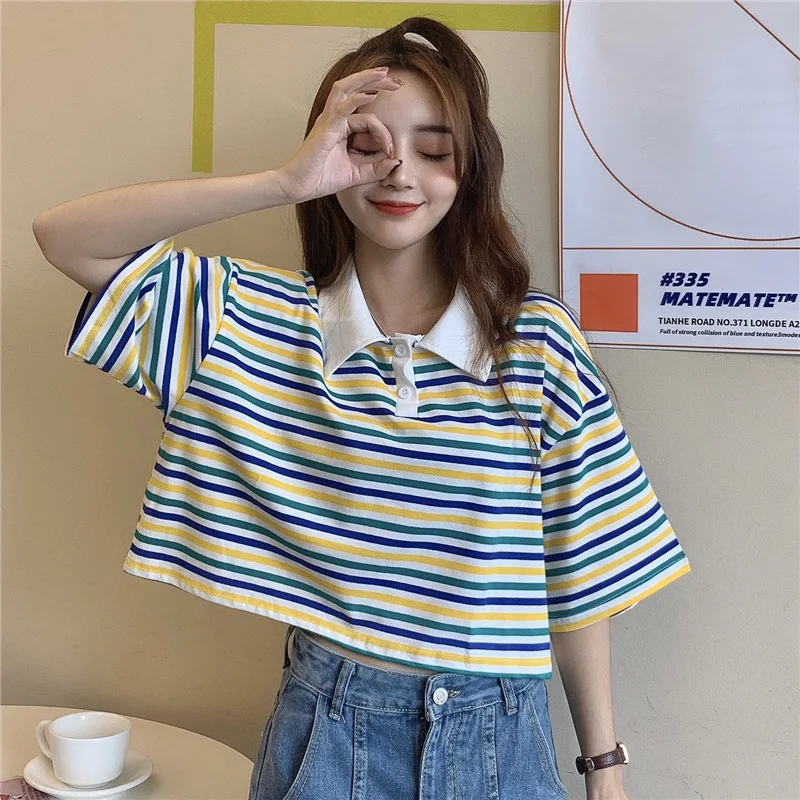

Goth Kawaii Gothic Sexy T-shirt Women Summer Tops Stripe Lapel Short Sleeve Female Fashion Vintage Tee Harajuku T-shirt Clothing