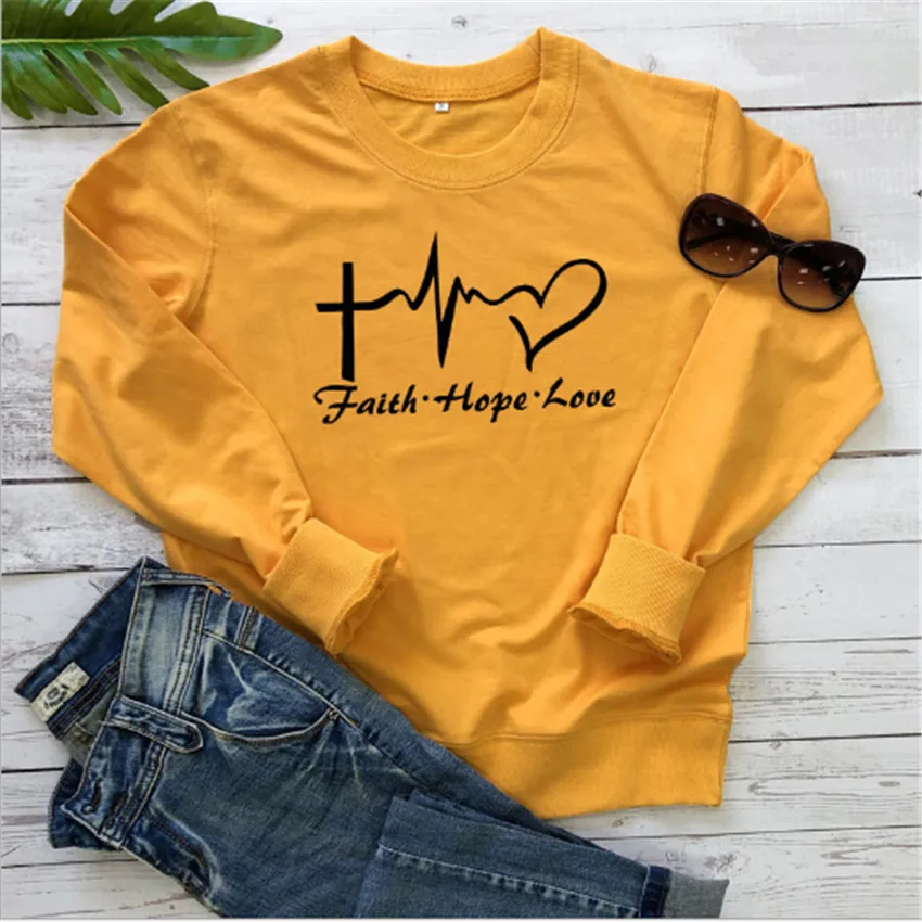 Женская толстовка с круглым вырезом Faith Hope Love пуловер принтом сердца худи в стиле