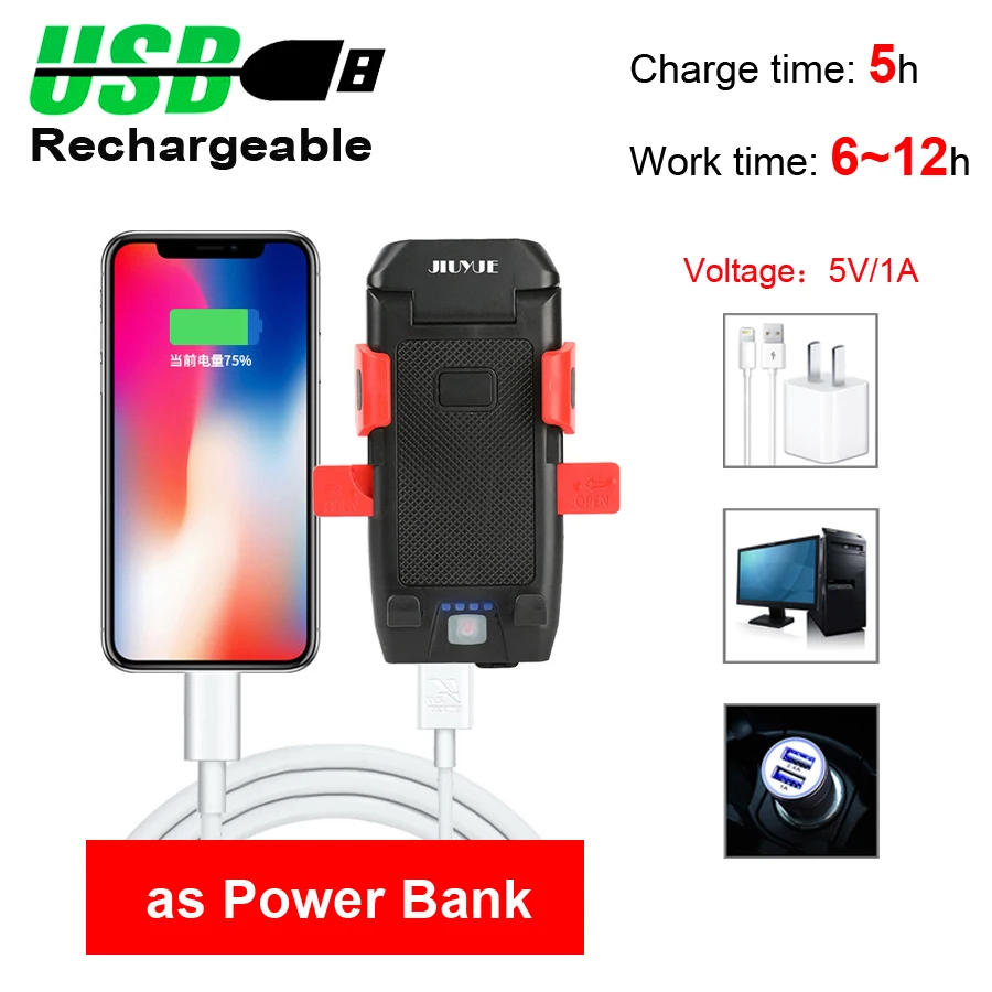 

4 In 1 Bicycle Front Light USB Chargeable Bike Horn Phone Holder Cycling Flashlight MTB Power Bank T6 Headlight Bike Accessories