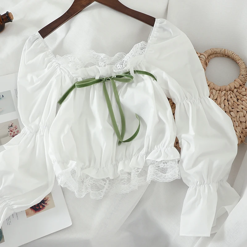 Рубашка с рюшами и кружевным бантом расклешенная рубашка рукавами-фонариками