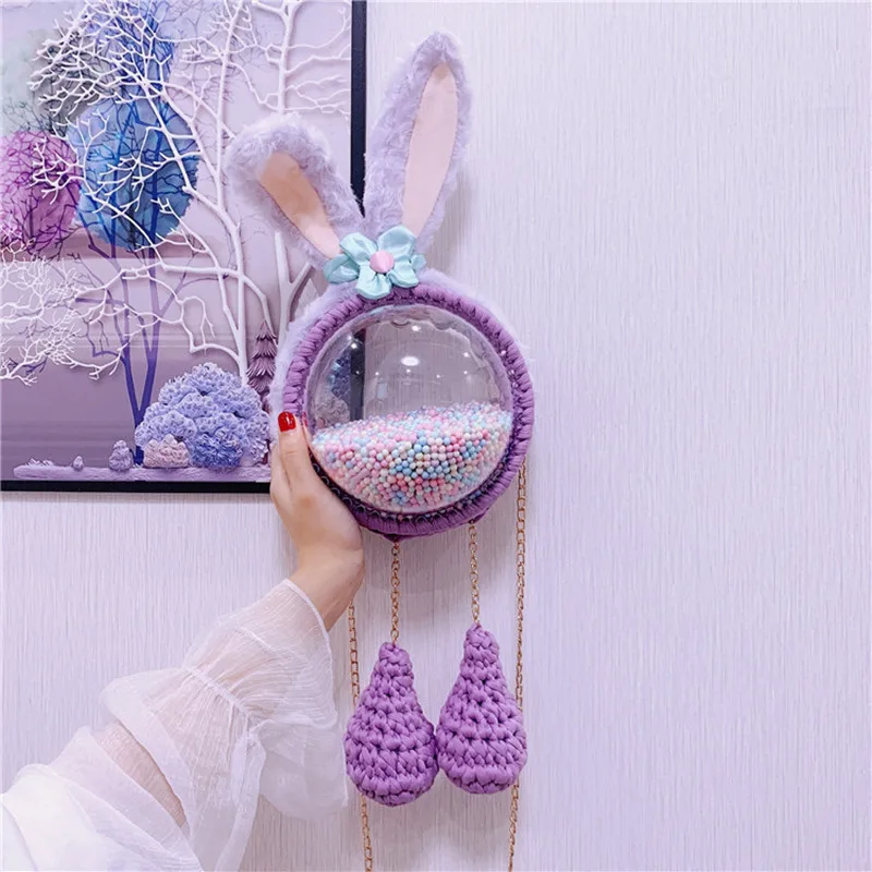 

Women Hand-woven shoulder bag Girl handmade cute rabbit transparent plush messenger bag