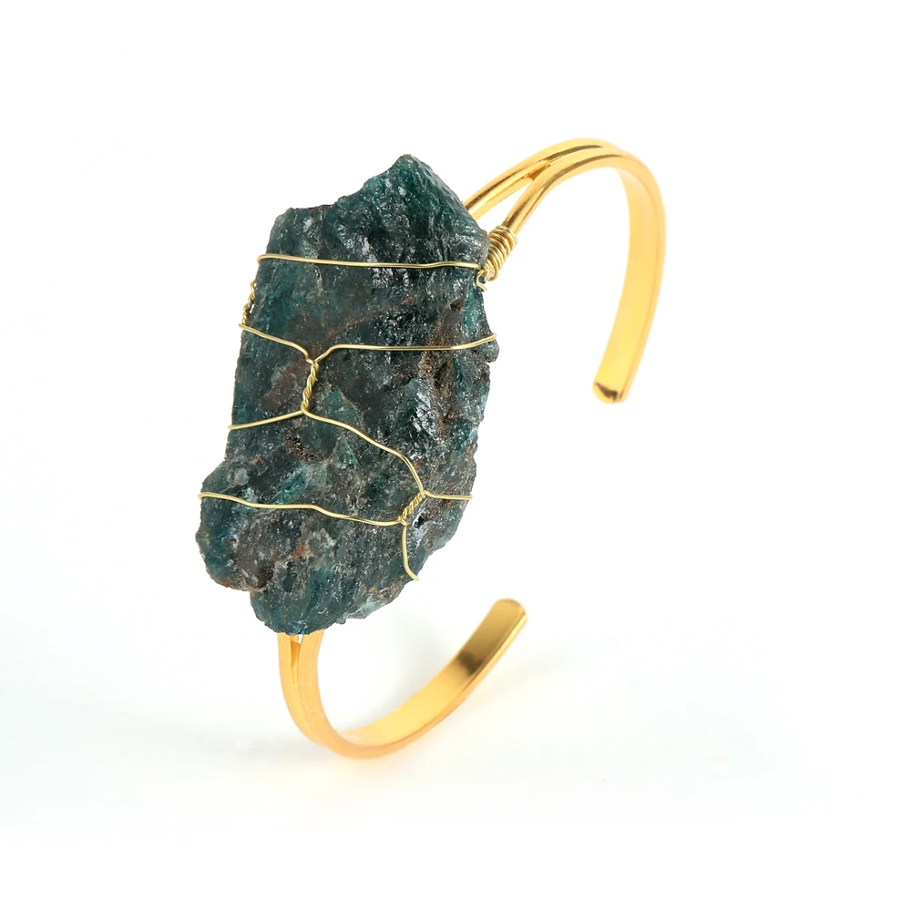 

Handmade Copper Wire Wrap Irregular Original Natural Blue Apatite Tiger Eye Stone Cuff Bracelet Open Bangles For Women Gold