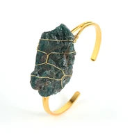 handmade copper wire wrap irregular original natural blue apatite tiger eye stone cuff bracelet open bangles for women gold