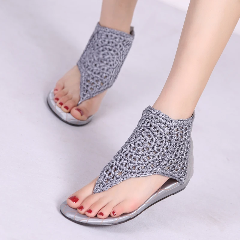 

Womens Wedge Thongs Sandals Genuine Leather Back Zipper Jesus Rome Sandals Shoes Footwear Retro Flat Sandals Size 33 Knitted