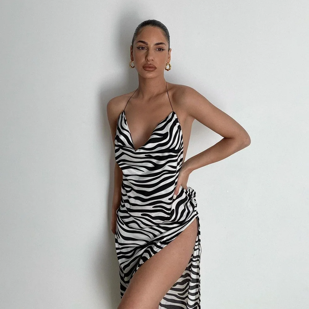 

Summer Fashion Trend Ladies Suspender Dress With Zebra Pattern Solid Color Sexy Backless Split Party Club Womens Long Skirt