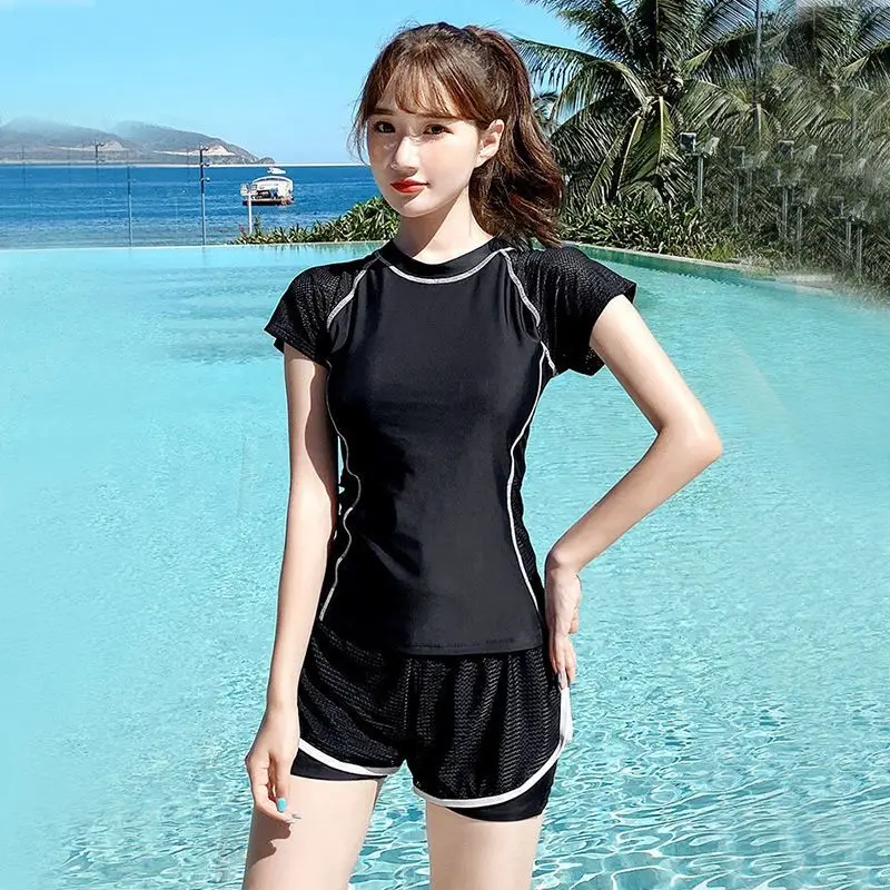 

Swimsuits Woman 2022 Split New Conservative Cover Belly Slimming Fairy Student Sports Boxer Hollow Solid Beach Wear Swimwear