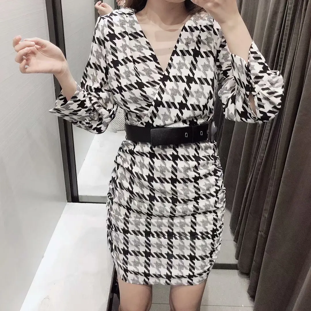 Женское модное платье с узором &quotгусиная лапка&quot v-образный вырез длинный рукав