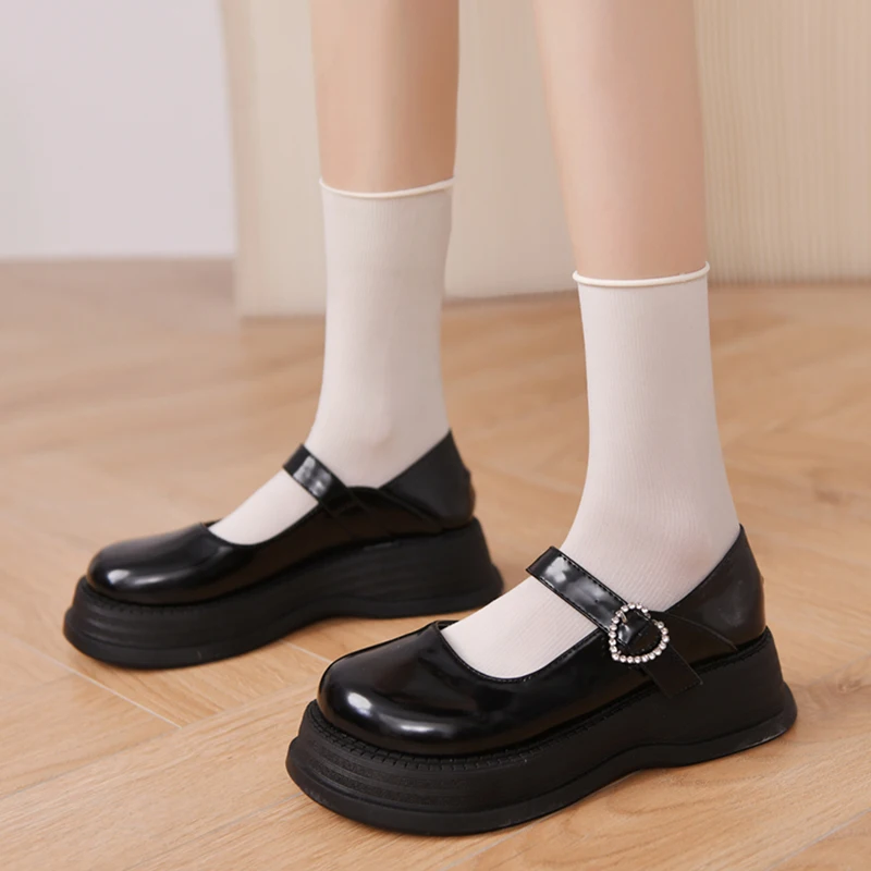 

Thick Bottom Patent Leather Mary Jane Shoes for Women 2021 Autumn Ankle Strap Pumps Woman Round Toe Chunky Platform Shoes