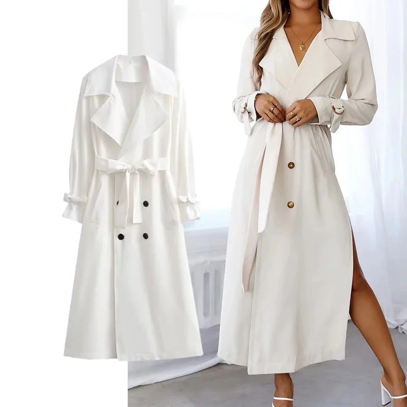 

Женский двубортный тренчкот с поясом TRAF Za, длинное повседневное осеннее белое пальто с Боковым Разрезом, 2021