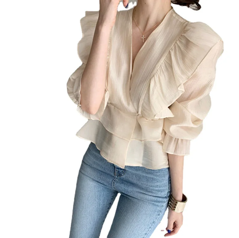

2021 Spring Summer New Fashion Lantern Sleeve Chiffon Shirt Women's Loose Fairy Blouse Korean Style Japanese Shirt Blouse Women