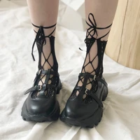 new spring summer celebrity style lace hollow out mesh high resilience lace up strange kawaii sexy fashion cosplay crew socks