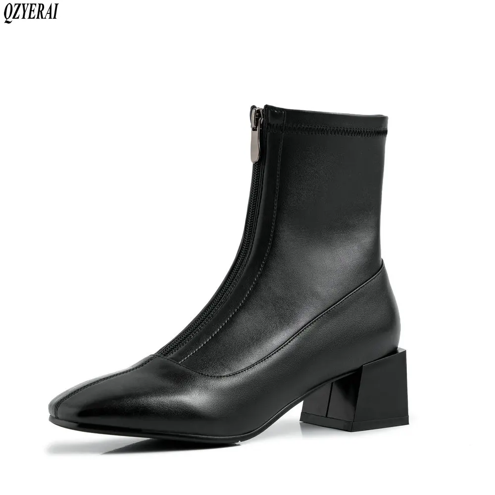

QZYERAI New style Genuine leather Chelsea boots Women's boots Autumn and winter Female boots socks Women's shoes